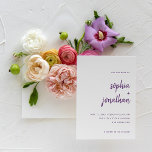 Convites Casamento Branco e Roxo de Script Minimalista Mode<br><div class="desc">Estes elegantes e minimalistas convites para casamento apresentam uma tipografia roxa e moderna escrita e texto limpo,  sans serif num fundo branco para um simples e na moda,  design colorido que você vai amar.</div>