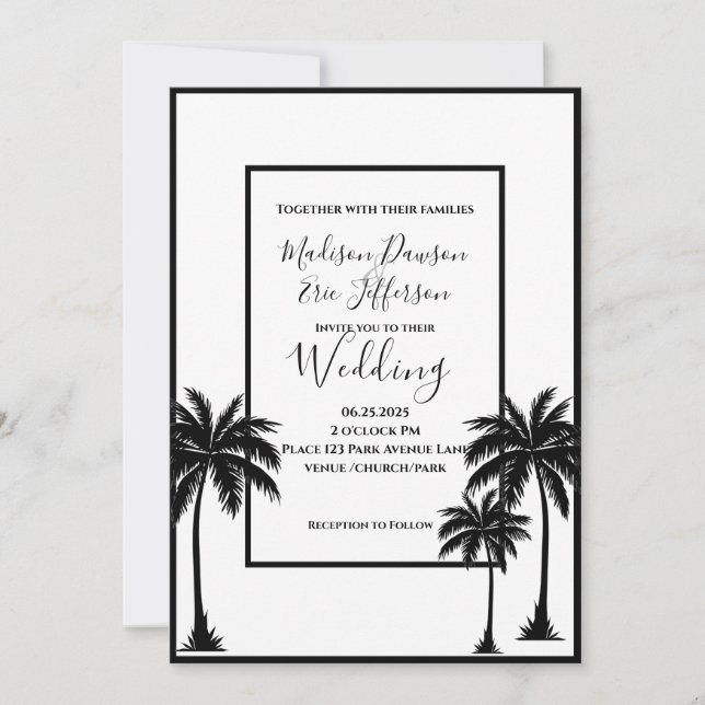 Convites Casamento Branco Elegante de Palm Tree (Frente)