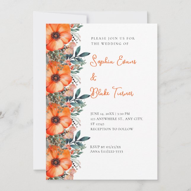Convites Casamento Branco Elegante Orange Floral e Greenery (Frente)