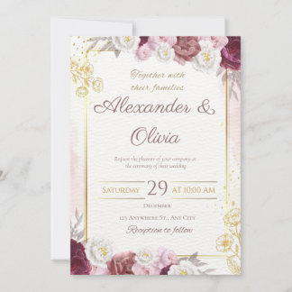Convites Casamento Branco Elegante Russo Floral Vermelho e