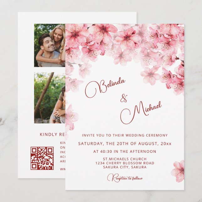 Convites Casamento Branco Flor de Cerejeira (Frente/Verso)