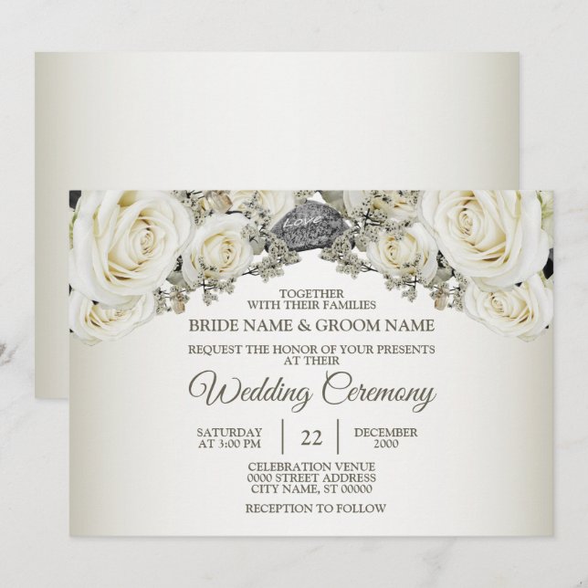 Convites Casamento Branco Flora Verde Beige Moderno Elegant (Frente/Verso)
