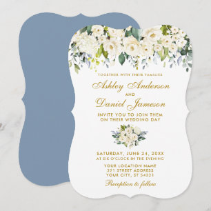 Convites Casamento Branco Floral Azul Dourado