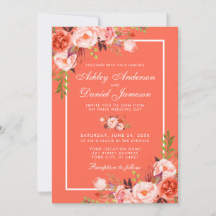 Convites Casamento branco floral coral moderno do quadro