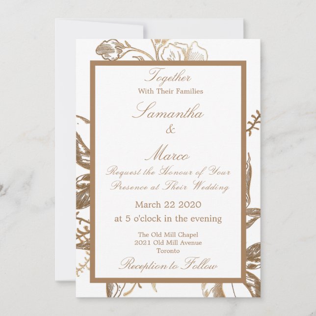 Convites Casamento Branco Floral de Ouro Metálico Elegante (Frente)