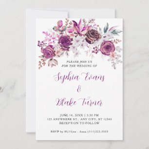 Convites Casamento Branco Floral de Rosas Roxos Elegantes