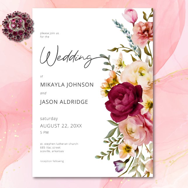 Convites Casamento Branco Floral do Verão Elegante Moderno (Modern Elegant Summer Meadow Floral Black Wedding Invitation)
