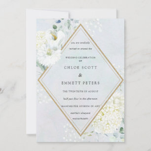 Convites Casamento Branco Floral Dusty Blue Watercolor