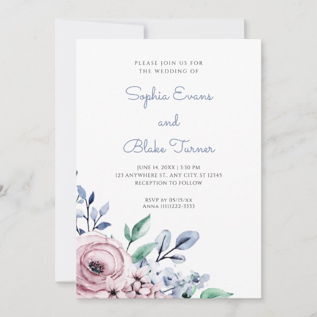 Convites Casamento Branco-Floral Elegante-Rosa e Azul (Frente)