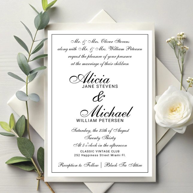 Convites Casamento branco formal clássico tradicional vinta (Criador carregado)