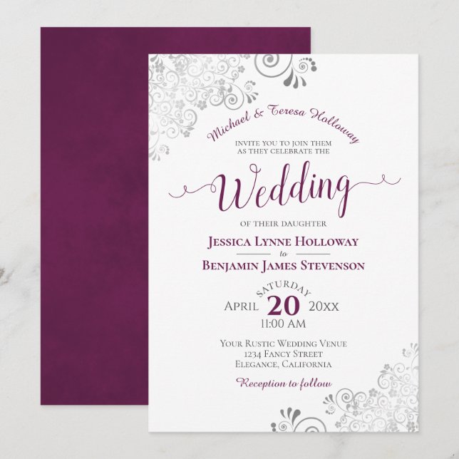 Convites Casamento Branco Formal de Lace e Cassis Silver El (Frente/Verso)