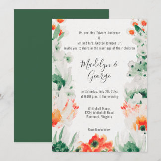 Convites Casamento Branco, Laranja, Floresta de Aquarela Ve