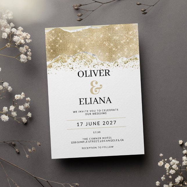 Convites Casamento branco luxuoso com brilho prateado e dou (Luxury white silver and gold glitter Wedding)