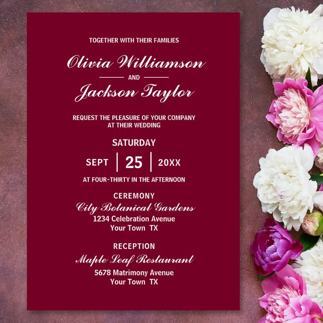 Convites Casamento Branco Magenta Simples Elegante (Criador carregado)