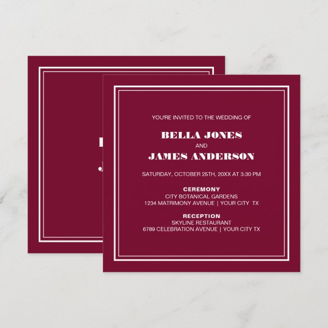 Convites Casamento Branco Magenta Simples Moderno (Frente/Verso)