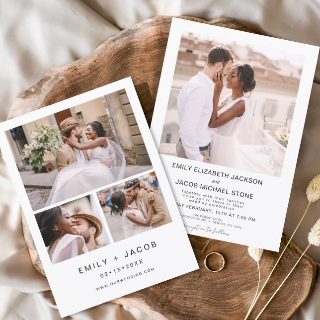 Convites Casamento Branco Minimalista - Quatro Fotografias  (Criador carregado)