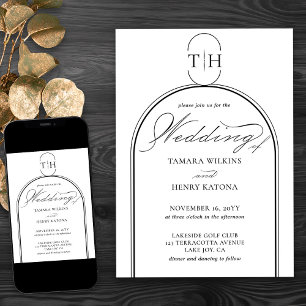 Convites Casamento Branco Monogramado com Caligrafia Elegan