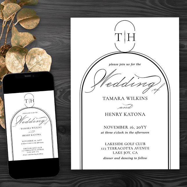 Convites Casamento Branco Monogramado com Caligrafia Elegan (Elegant monogrammed wedding invitation in black and white from my Wedding Colors Collection)