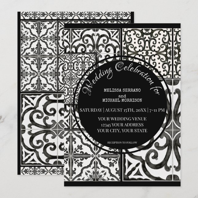 Convites Casamento Branco Negro Azulejo Moderno da Casa Far (Frente/Verso)