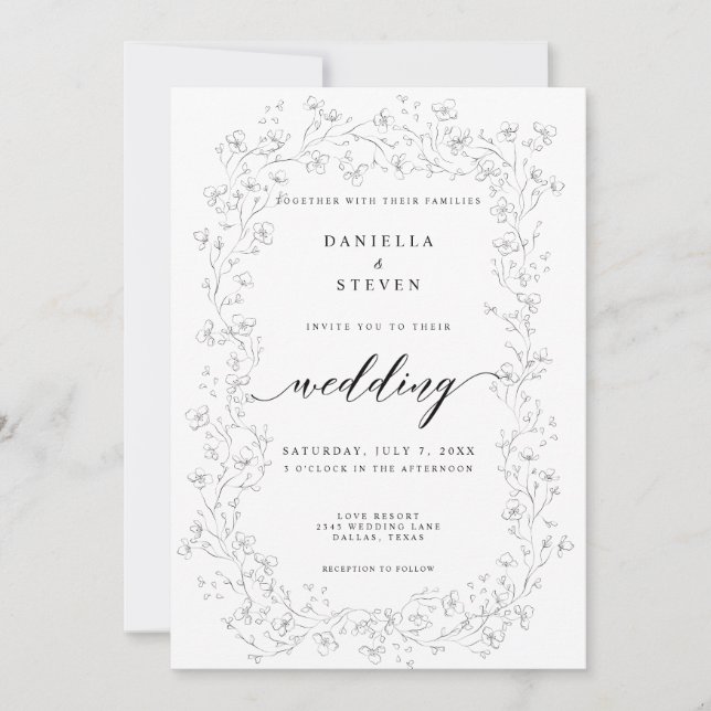 Convites Casamento Branco Negro com Caligrafia Clássica (Frente)