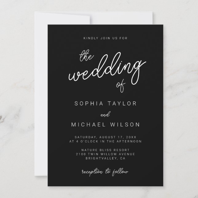 Convites Casamento Branco Negro com Caligrafia Moderna (Frente)