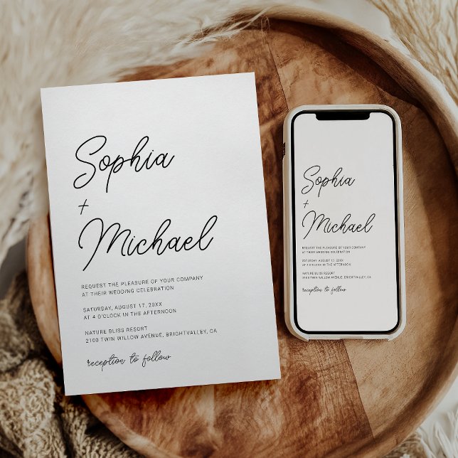Convites Casamento Branco Negro com Caligrafia Moderna (Criador carregado)
