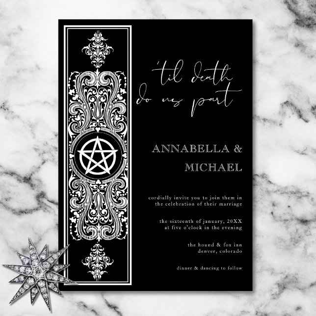Convites Casamento Branco Negro da Estrela Pentagrama Gótic (Gothic Pentagram Star Black White Wedding Invitation)