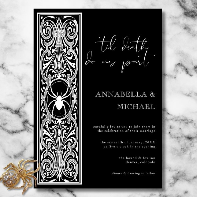 Convites Casamento Branco Negro de Aranha-Gótica (Gothic Spooky Spider Black White Wedding Invitation)