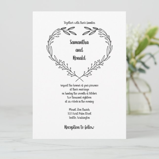 Convites Casamento Branco Negro de Folhagem Minimalista (Em pé/Frente)
