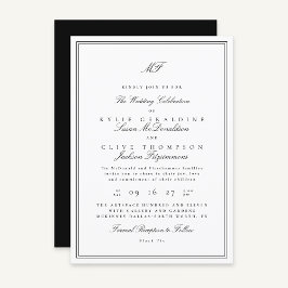 Convites Casamento Branco Negro de Monograma Clássico com M