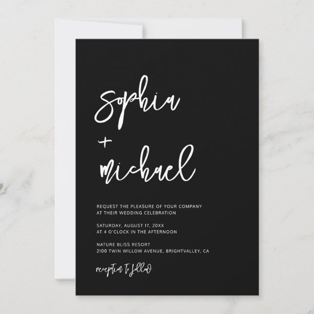 Convites Casamento Branco Negro de Script Contemporâneo Mod (Frente)