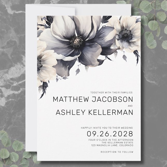 Convites Casamento Branco Negro Floral Simples de Boho Mode (Modern Boho Floral Black White Wedding Invitation)