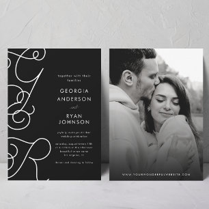 Convites Casamento Branco Negro Monograma Script Whimsical