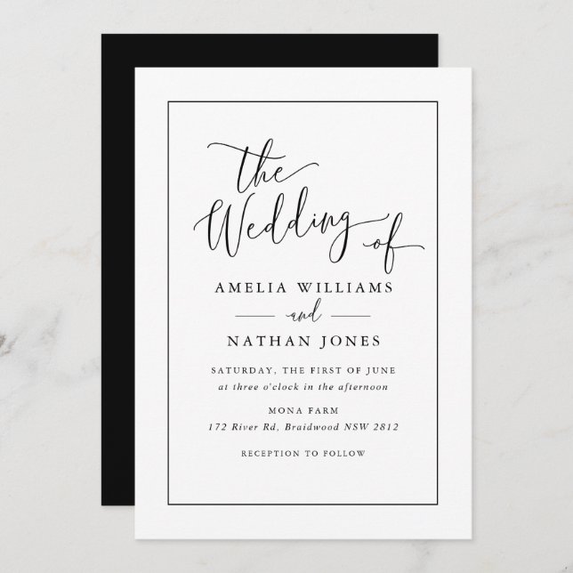 Convites Casamento Branco Negro Rustic Script (Frente/Verso)