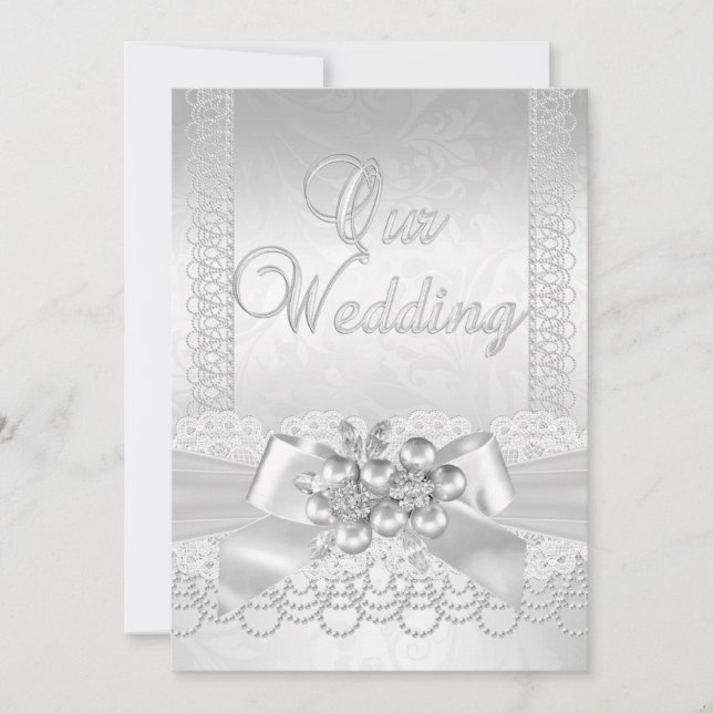 Convites Casamento Branco Pérola de Prata Renda Damask Diam (Frente)