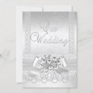 Convites Casamento Branco Pérola de Prata Renda Damask Diam