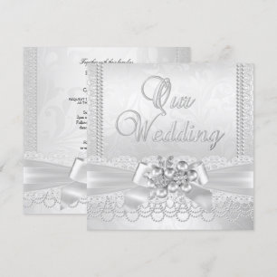 Convites Casamento Branco Pérola Prata Lace Damask Diamante