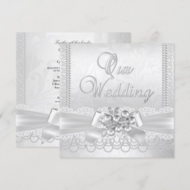 Convites Casamento Branco Pérola Prata Lace Damask Diamante (Frente/Verso)
