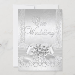 Convites Casamento Branco Pérola Prata Renda Damask Diamant