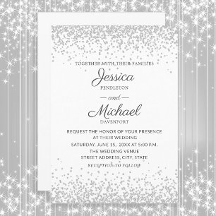 Convites Casamento Branco Prateado Glitter Moderno Elegante