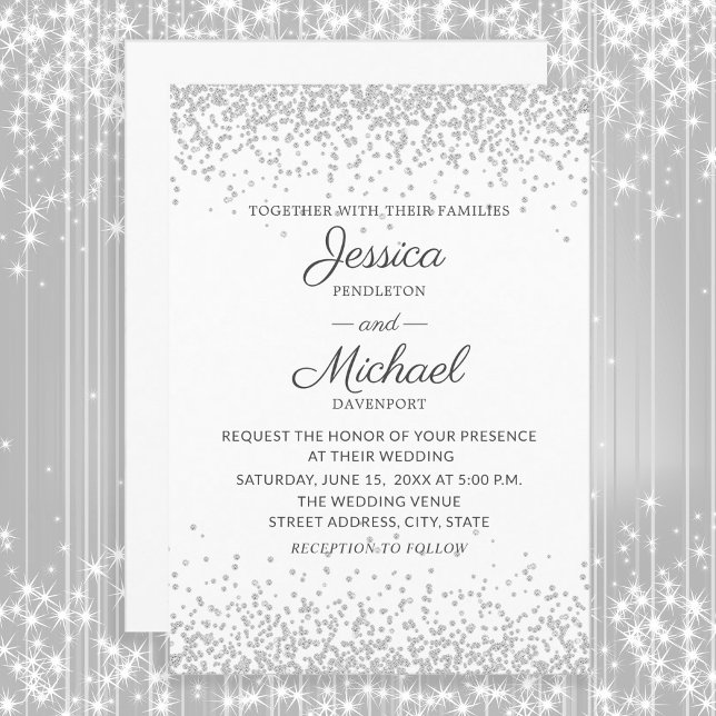 Convites Casamento Branco Prateado Glitter Moderno Elegante (White with silver glitter wedding invitation)