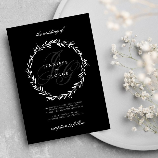 Convites Casamento branco preto das iniciais do monograma (Elegant monogram initials black white Wedding )