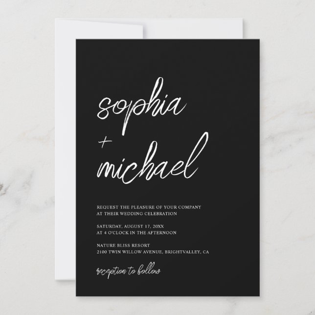 Convites Casamento Branco Preto de Script Contemporâneo na  (Frente)