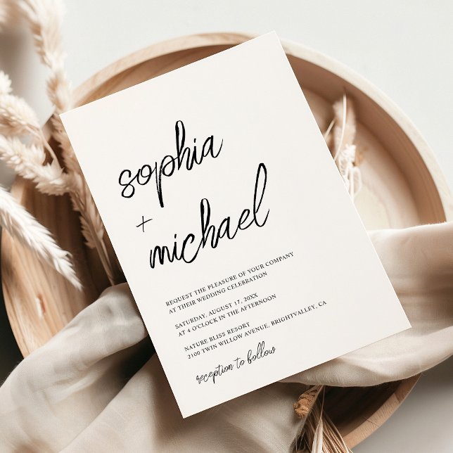 Convites Casamento Branco Preto de Script Contemporâneo na  (Criador carregado)