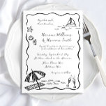 Convites Casamento branco preto desenhado pela mão de praia<br><div class="desc">Encantem seus convidados para seu dia especial com este convite de casamento divertido de praia branca e branca e branca. Apresentando simples esboços originais e desenhados à mão de rabiscos de conchas, ondas e encantos costeiros, esta design traz uma energia divertida para a sua celebração. A letra de script e...</div>