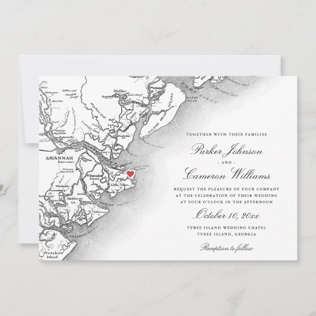 Convites Casamento branco preto do mapa da ilha Elegante Ty (Frente)