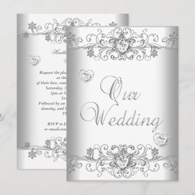 Convites Casamento Branco Puro Corações de Diamante Prata (Frente/Verso)