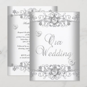 Convites Casamento Branco Puro Corações de Diamante Prata