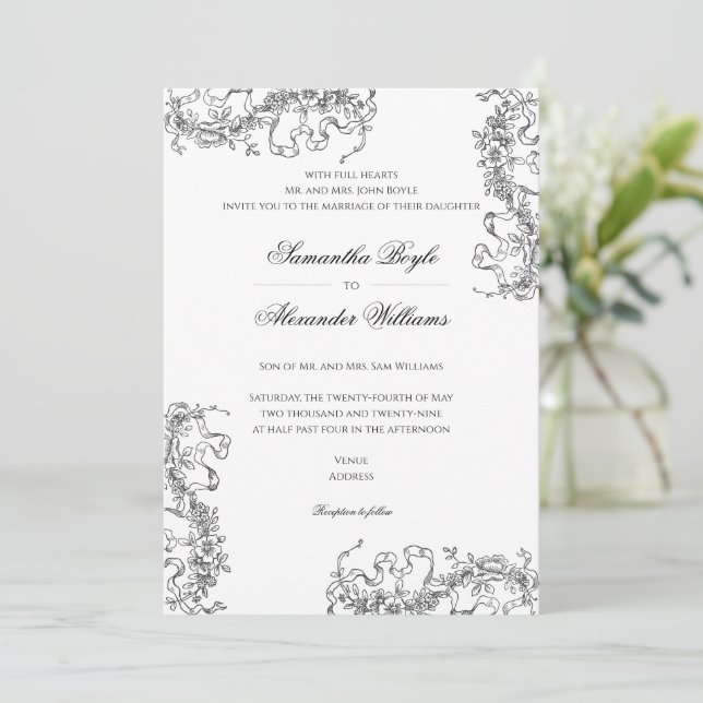 Convites Casamento Branco Romântico Floral Francês Rococo N (Em pé/Frente)
