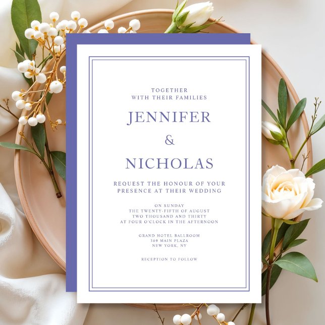 Convites Casamento Branco Roxo Clássico Elegante  (Elegant Classic Purple White Wedding Invitation)